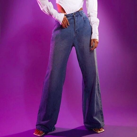 𝅺boohoo High Rise Wide Leg Jeans Blue 10 - Picture 1 of 7